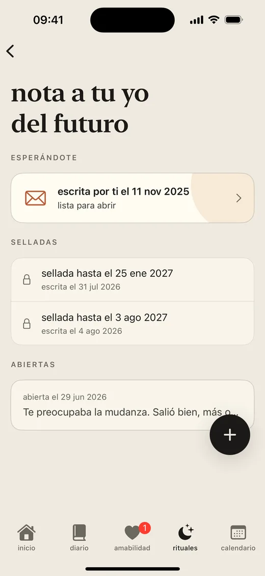 Pantalla de notas a tu yo del futuro de Luvia