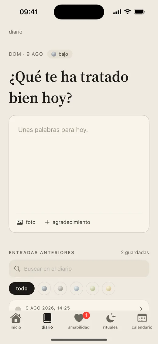 Pantalla de diario y gratitud de Luvia