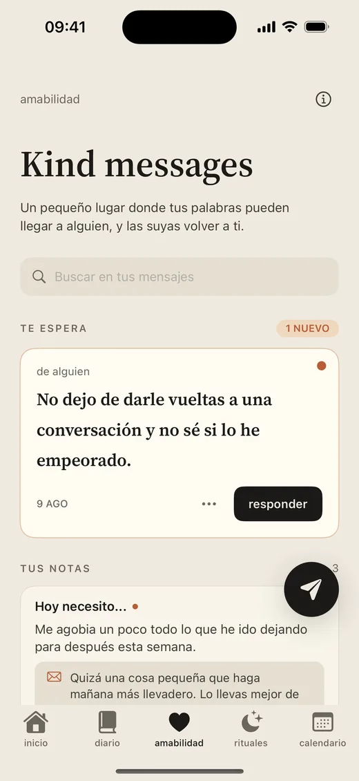 Pantalla de Kind messages anónimos de Luvia