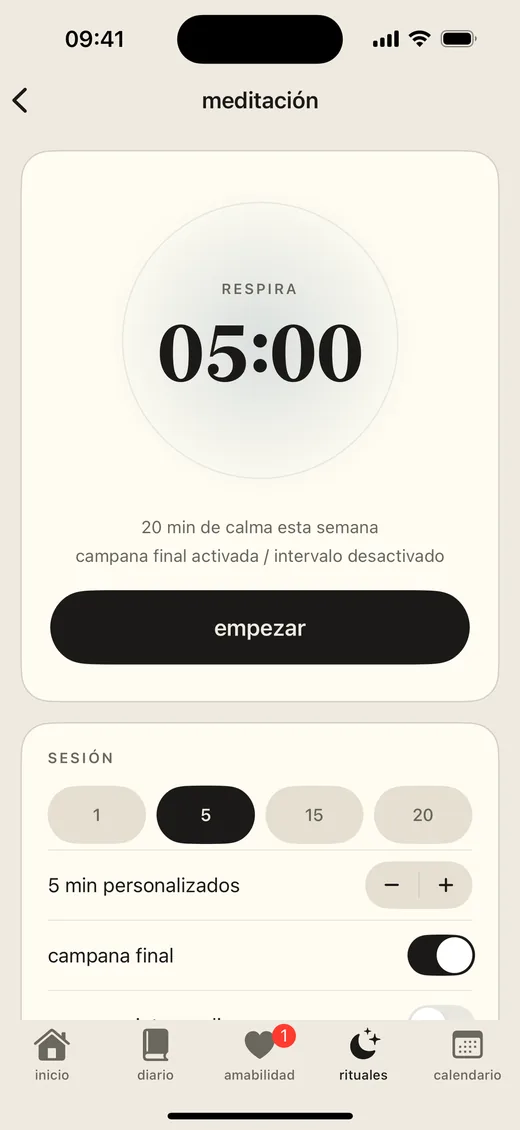 Pantalla del temporizador de meditación de Luvia