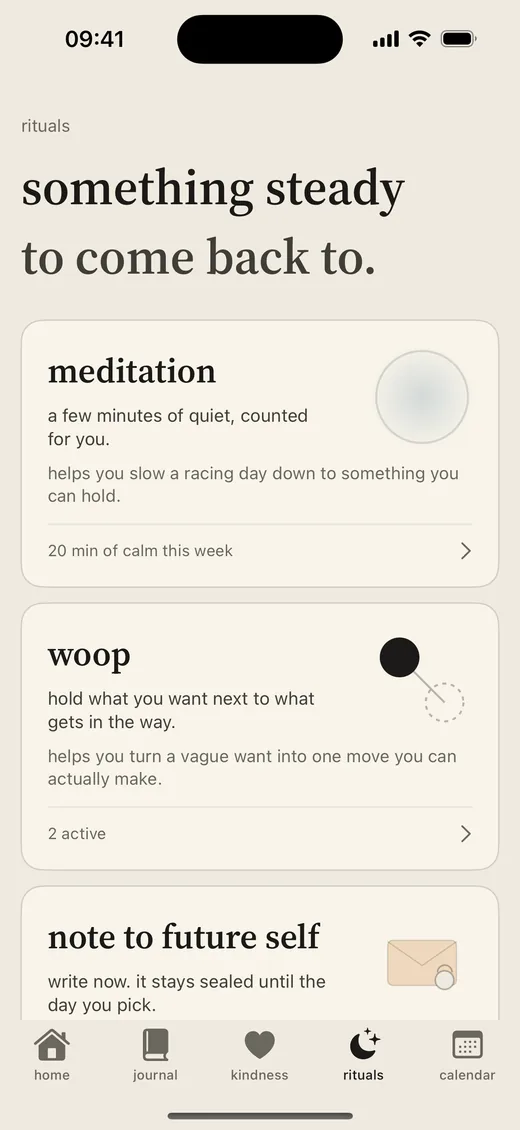 Luvia rituals hub with meditation, WOOP, and notes to your future self