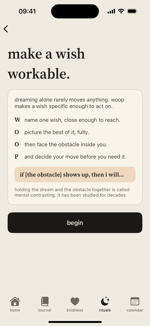 Luvia WOOP screen for naming a wish and the obstacle in the way